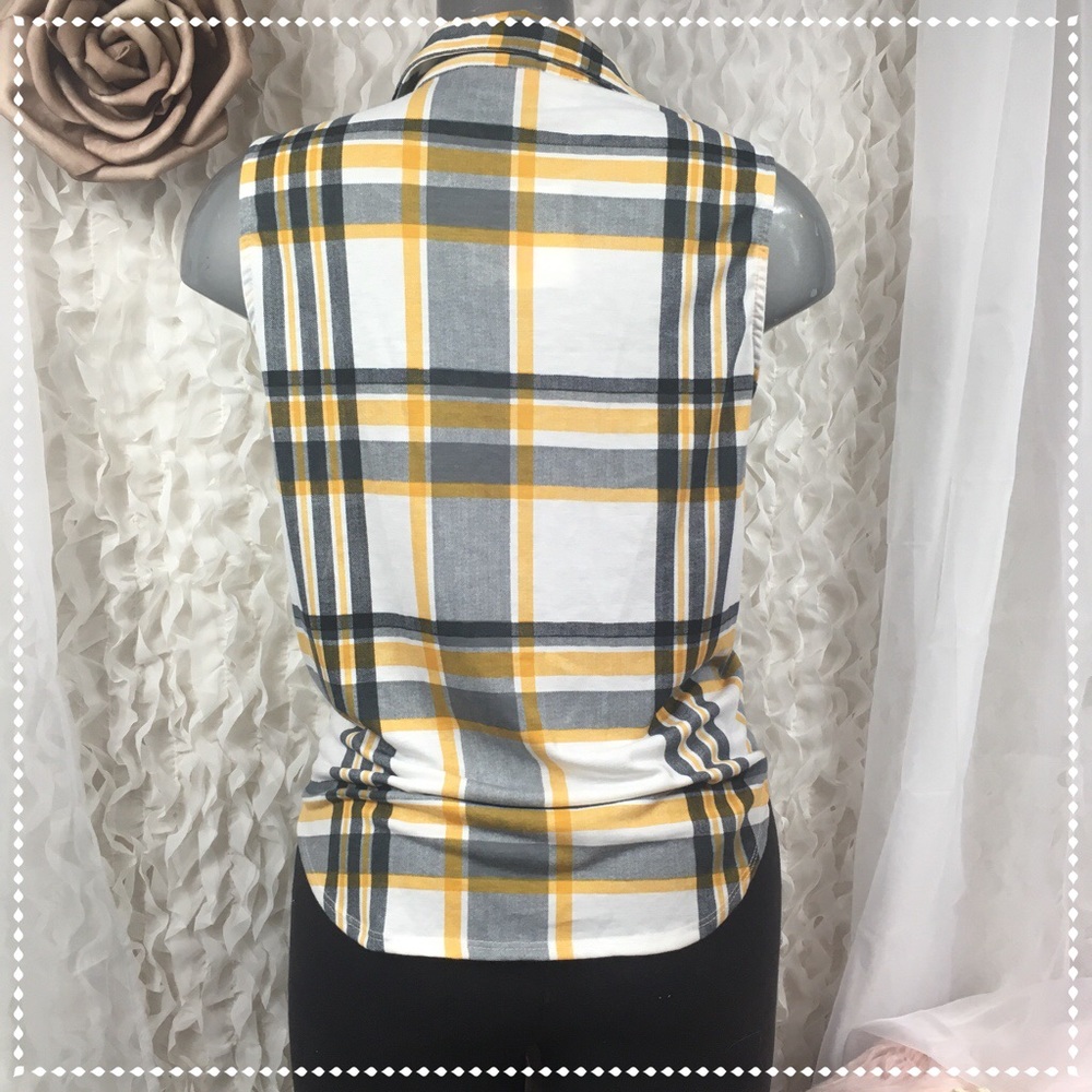 POLLY & ESTHER | Yellow Plaid Sleeveless Shirt NEW - Picture 5 of 8